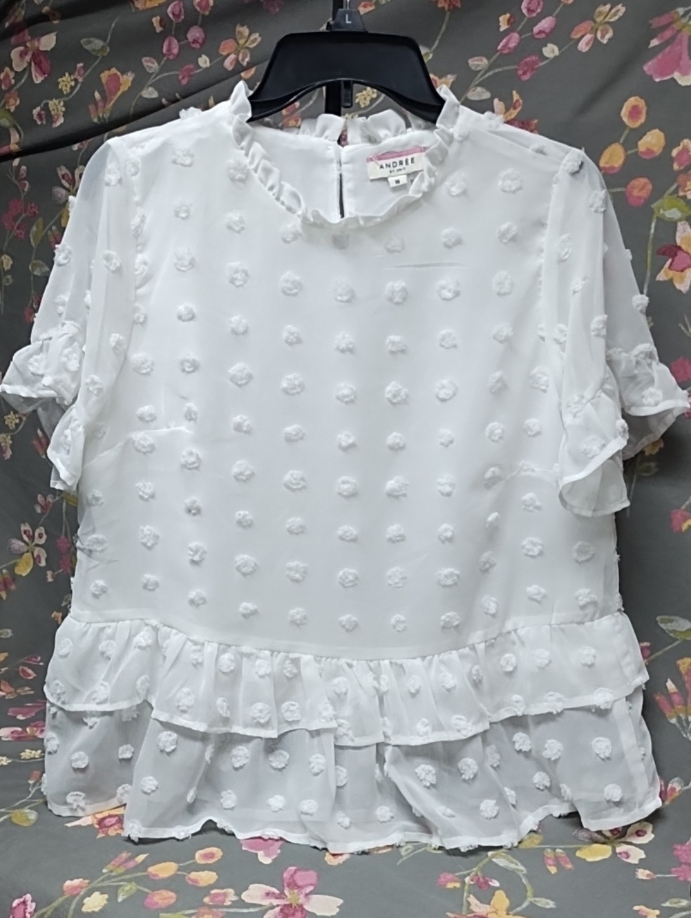 ANDREE BY UNIT White Swiss Dot Ruffle Peplum Top